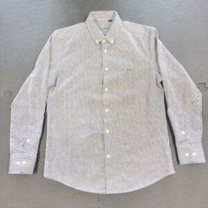 Lacoste Mens Black & White Striped Long Sleeve Button-Down Shirt M Cotton